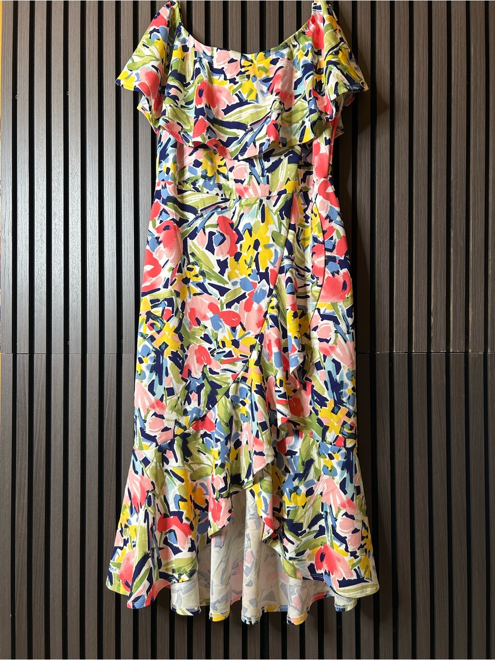 Floral Off-Shoulder High-Low Dress in Yellow, Pink & Navy